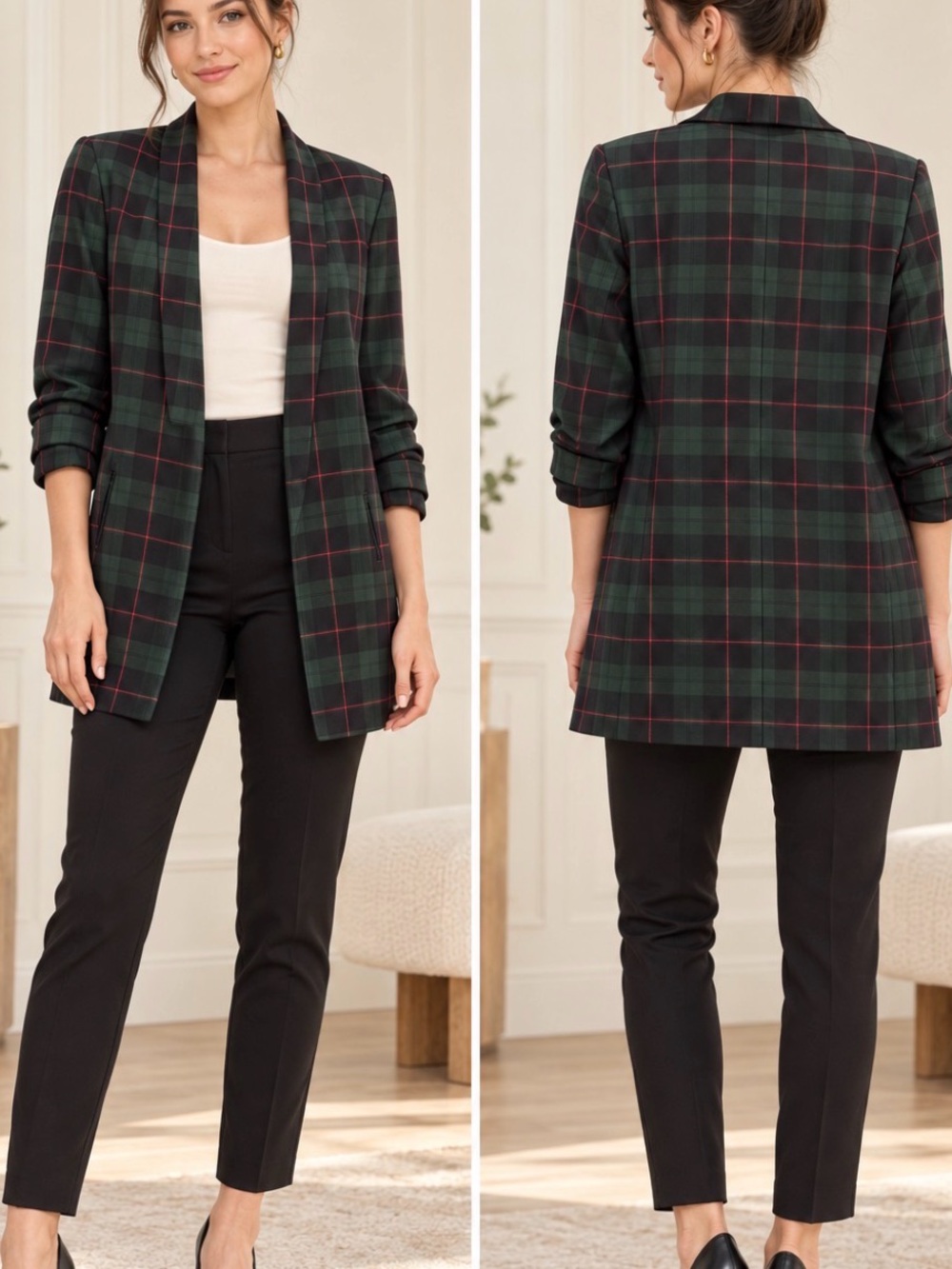 Aritzia Babaton Atelier Green Plaid Open Front Ruched Sleeve Blazer Size 4